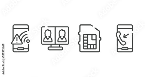 mobile phones outline icons set. thin line icons sheet included wifi connection warning, video conference, phone chip, outgoing call vector.
