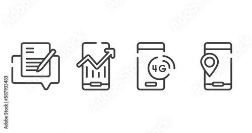 mobile phones outline icons set. thin line icons sheet included edit document, mobile analytics, 4g technology, vector.