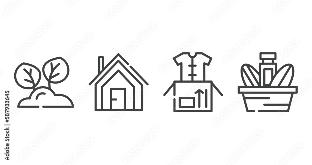 charity outline icons set. thin line icons sheet included reforestation, shelter, clothes donation, charity food vector.