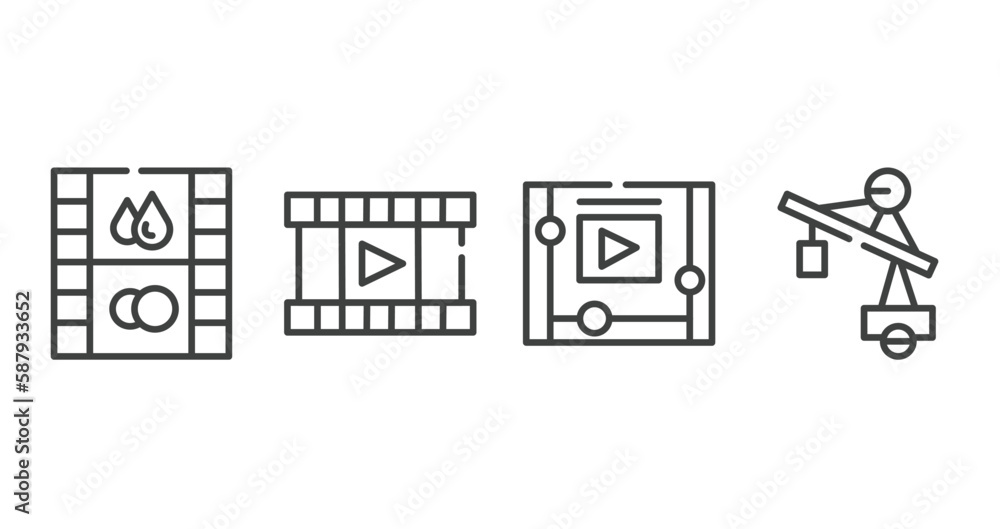 cinema outline icons set. thin line icons sheet included image fotogram, film strip with play triangle, watching a video on a tablet, null vector. cinema outline icons set. thin line icons sheet included image fotogram, film strip with play triangle, watching a video on a tablet, null vector.