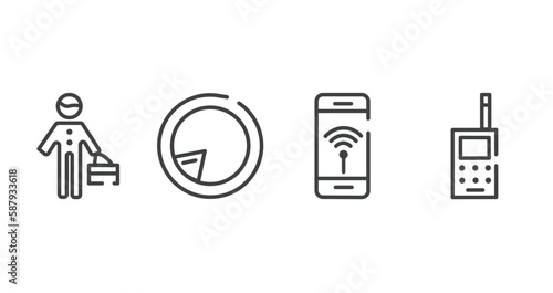 phone icons outline icons set. thin line icons sheet included stick man, postman, smartphone with wireless internet, vintage cellphone vector.