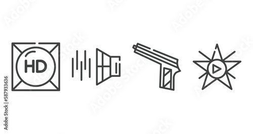 cinema outline icons set. thin line icons sheet included hd, sound effect, hitman, film star vector.