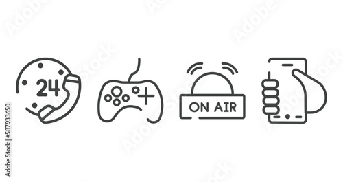 phone icons outline icons set. thin line icons sheet included telephone line 24 hours service, game controller, on air, hand graving smartphone vector.