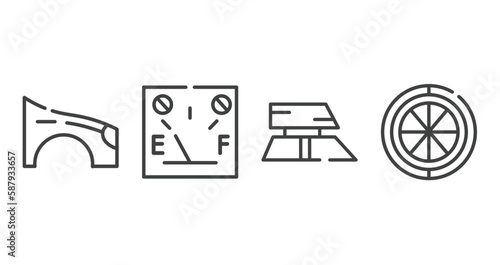 car parts outline icons set. thin line icons sheet included car fender (us, canadian), car petrol gauge, roof, spare wheel vector.