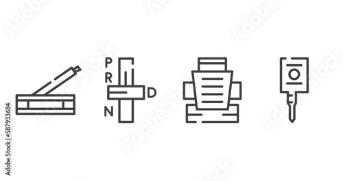 car parts outline icons set. thin line icons sheet included car handbrake, car transmission, bucket seat, ignition vector.