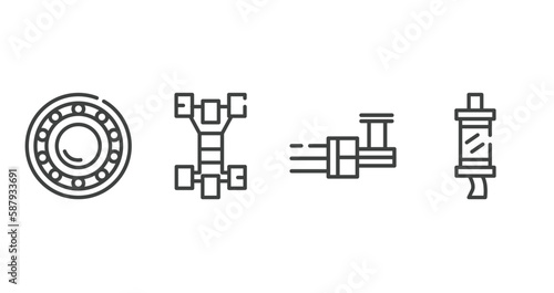 car parts outline icons set. thin line icons sheet included car bearing, car chassis, distributor, silencer vector.