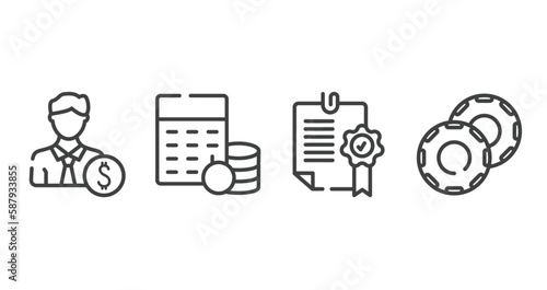 economy outline icons set. thin line icons sheet included banker, budgeting, confirmation, casino chip vector.