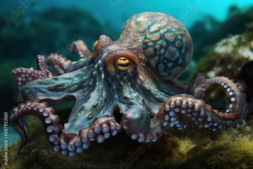 A curious and intelligent Octopus exploring the ocean floor - This Octopus is exploring the ocean floor, showing off its curious and intelligent nature.. Generative AI