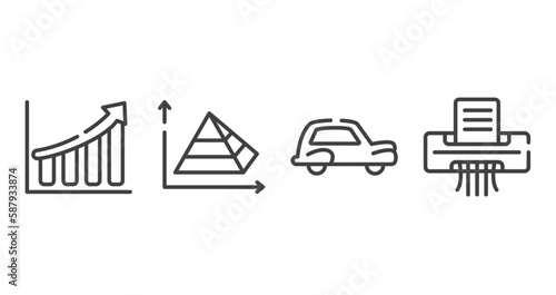 office outline icons set. thin line icons sheet included rise, pyramid chart, old car, paper shredder vector.