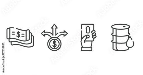 economy outline icons set. thin line icons sheet included money flow, pathway, penalty, oil barrel vector.