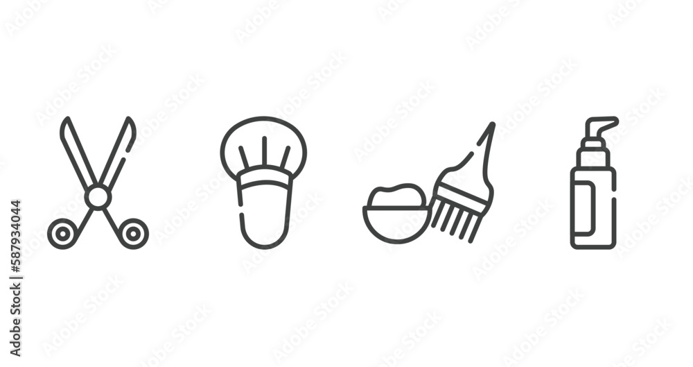 beauty salon outline icons set. thin line icons sheet included hairdresser scissors, blush brush, hair dye kit, liquid makeup vector. beauty salon outline icons set. thin line icons sheet included hairdresser scissors, blush brush, hair dye kit, liquid makeup vector.