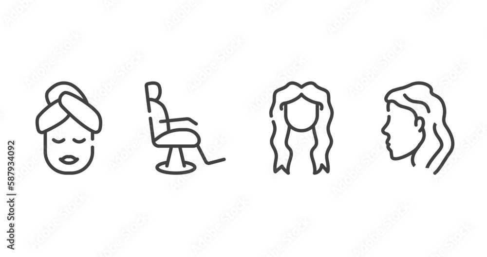 Obraz premium hair salon outline icons set. thin line icons sheet included face mask, barber chair, long female hair tincture, woman head side view vector.