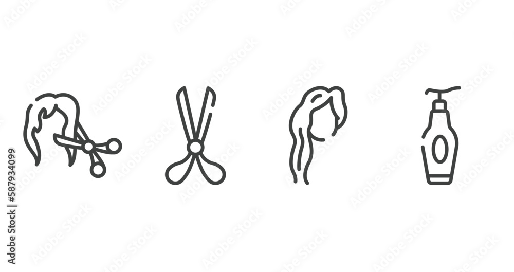 beauty outline icons set. thin line icons sheet included female hair cut with scissors, scissors opened tool, woman with long hair, face cleanser vector. beauty outline icons set. thin line icons sheet included female hair cut with scissors, scissors opened tool, woman with long hair, face cleanser vector.