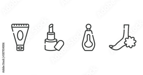 beauty & spa outline icons set. thin line icons sheet included anti aging cream, inclined lipstick, big perfume bottle, pedicure vector.