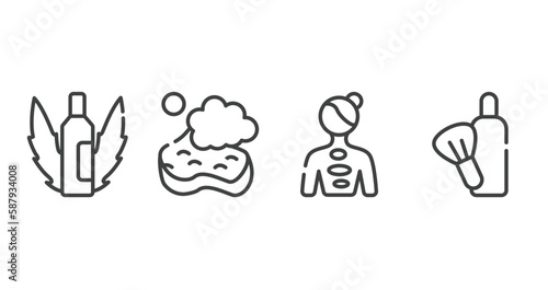 barbershop elements outline icons set. thin line icons sheet included aloe vera, bath sponge, hot stone massage, after shave vector.