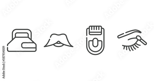 pretty outline icons set. thin line icons sheet included hair gel, big moustache, epilador, eye shadow makeup vector.