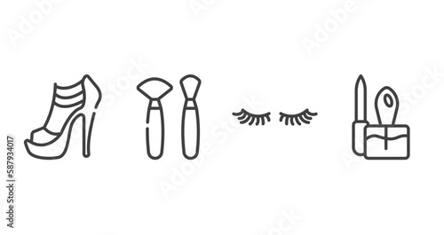 pretty outline icons set. thin line icons sheet included high heel, makeup brushes, two eyelashes, manicure vector.