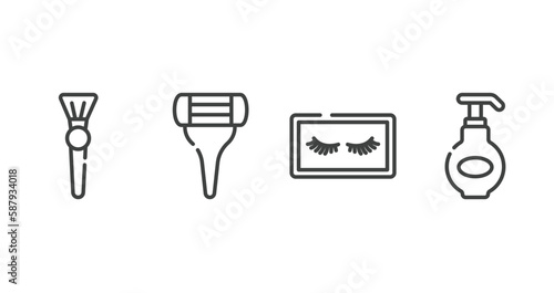 pretty outline icons set. thin line icons sheet included inclined makeup brush, women razor, false eyelashes, moisturizing lotion vector.