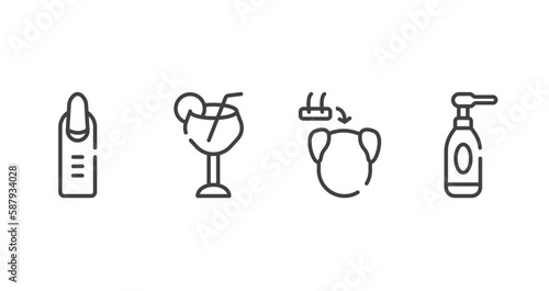 beauty outline icons set. thin line icons sheet included nail, margarita, hair transplant, cleansing vector.