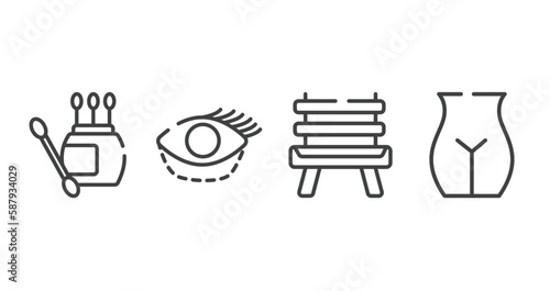 plastic surgery outline icons set. thin line icons sheet included earbuds, blepharoplasty, wooden chair, vector.