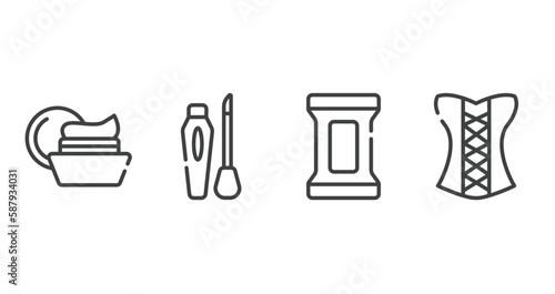 pretty outline icons set. thin line icons sheet included facial cream, liquid lipstick, makeup remover wipes, women cor vector.