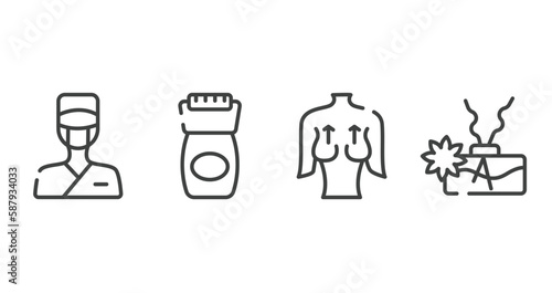 spa outline icons set. thin line icons sheet included surgeon, epilator, mastopexy, aroma vector.