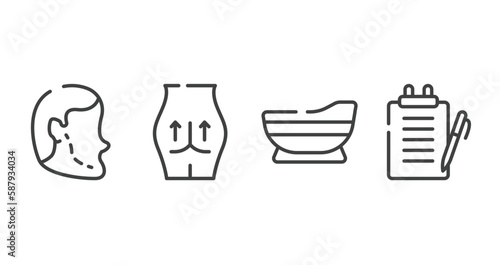 plastic surgery outline icons set. thin line icons sheet included implant, null, bathtube, medical report vector.