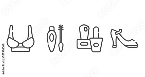 pretty outline icons set. thin line icons sheet included women brassiere, eyes mascara, two nail polish, high heel shoe vector.