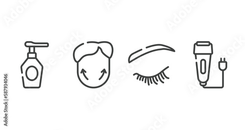 miscellaneous outline icons set. thin line icons sheet included spray bottle, genioplasty, eyelash, electric razor vector.