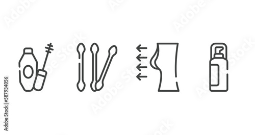 beauty outline icons set. thin line icons sheet included mascara, cotton swab, breast enlargement, hair spray vector.