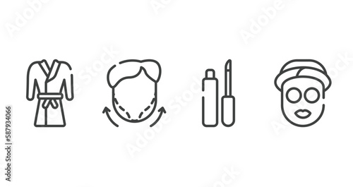 sauna outline icons set. thin line icons sheet included robe, null, lip matt, sleeping mask vector.