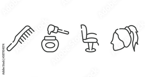 hair salon outline icons set. thin line icons sheet included hairdressing, honey, chair side view, ponytail hair vector.