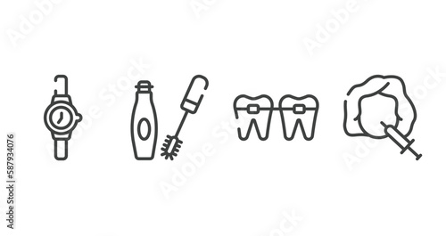 plastic surgery outline icons set. thin line icons sheet included wrist watch, mascara makeup, braces, mesotherapy vector.