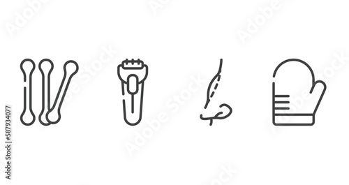 sauna outline icons set. thin line icons sheet included cotton buds, shaver, rhinoplasty, oven mitt vector.