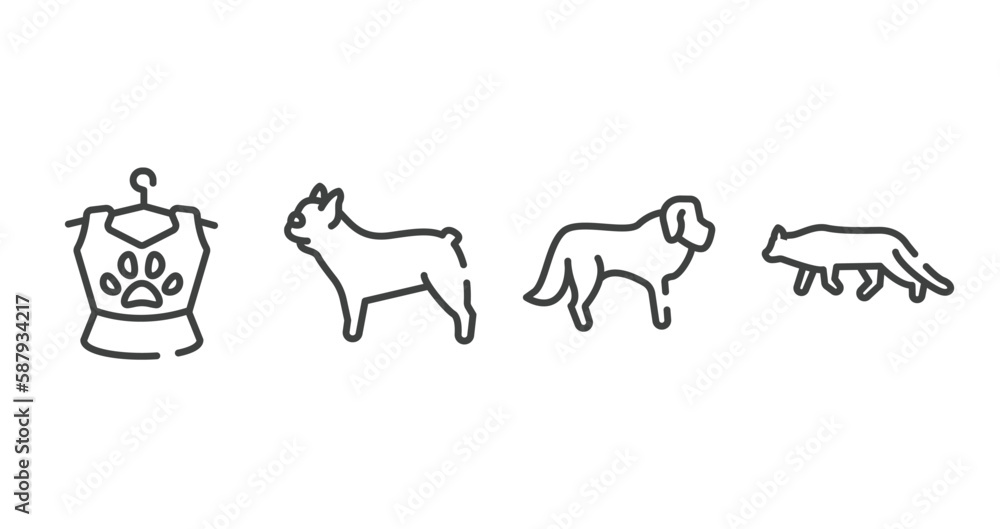 cat breed bodies outline icons set. thin line icons sheet included pet clothing, french bulldog, st bernard, snowshoe cat vector.