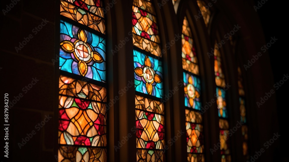 a close up of a stained glass window in a church or building with dark ...