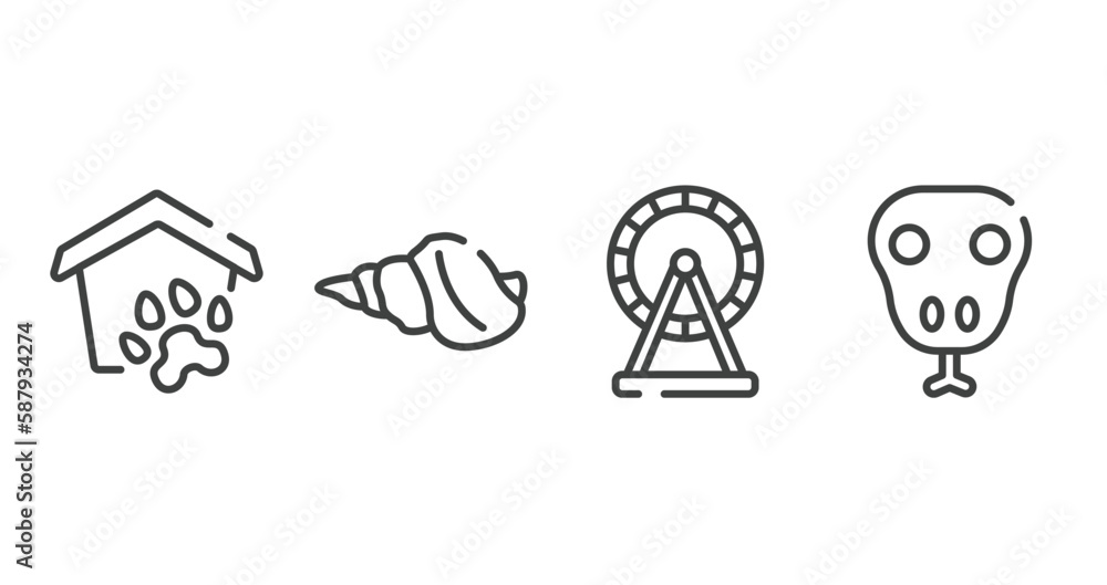 fauna outline icons set. thin line icons sheet included pet shelter, conch, hamster wheel, snake head vector. fauna outline icons set. thin line icons sheet included pet shelter, conch, hamster wheel, snake head vector.