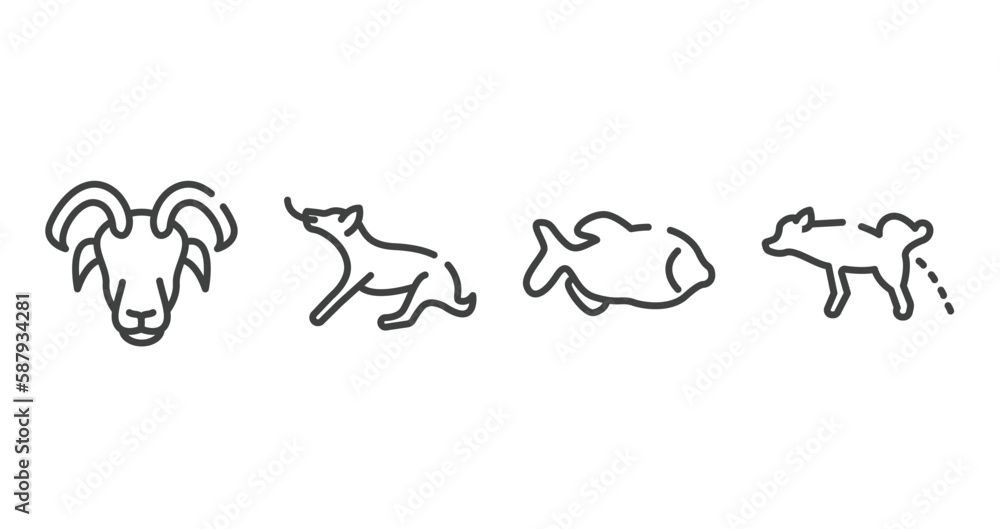 dog and training outline icons set. thin line icons sheet included male sheep head, dog playing, big piranha, dog urinating vector.