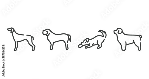 dog breeds fullbody outline icons set. thin line icons sheet included greyhound  english mastiff  dogs playing  newfoundland vector.
