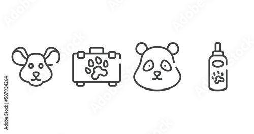 pet shop outline icons set. thin line icons sheet included mouse head, pet first aid, panda bear head, pet lotion vector.