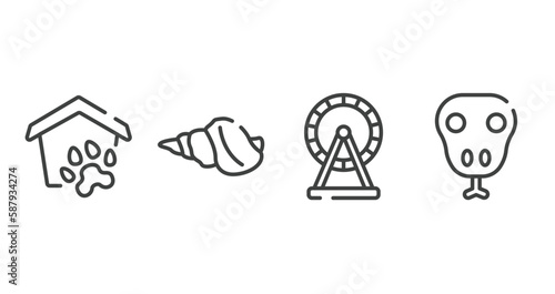 fauna outline icons set. thin line icons sheet included pet shelter, conch, hamster wheel, snake head vector.