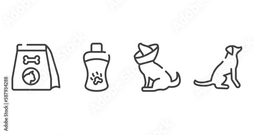 dog and training outline icons set. thin line icons sheet included cat food, shampoo, cone of shame, dog seatting vector.