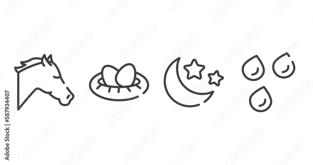 poi nature outline icons set. thin line icons sheet included horse head, nest with eggs, moon and stars, raindrops vector. poi nature outline icons set. thin line icons sheet included horse head, nest with eggs, moon and stars, raindrops vector.