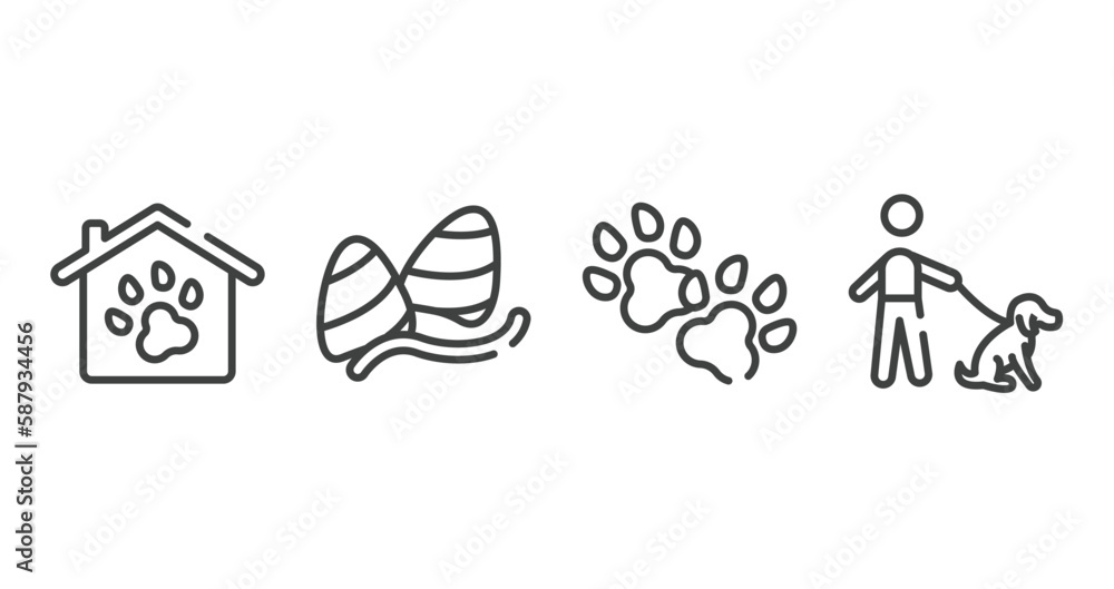 dogs outline icons set. thin line icons sheet included pet hotel, gummy, dog paw, dog with owner vector. dogs outline icons set. thin line icons sheet included pet hotel, gummy, dog paw, dog with owner vector.