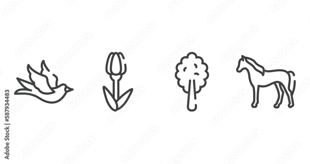 horses outline icons set. thin line icons sheet included black bird, tulips, plain tree, horse standing vector.