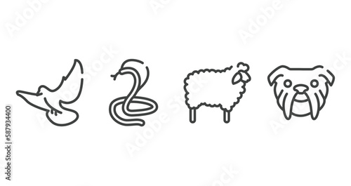woof woof outline icons set. thin line icons sheet included flying dove, poisonous cobra, sheep with wool, bulldog head vector.