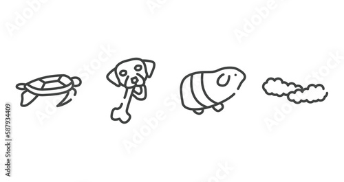 poi nature outline icons set. thin line icons sheet included swimming turtle, chewing bone for dog, guinea pig heag, cloudy sky vector.