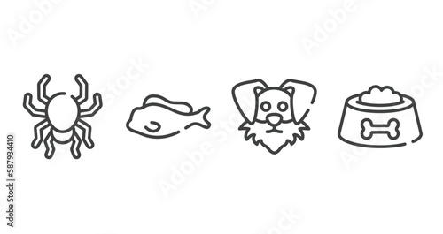 woof woof outline icons set. thin line icons sheet included poisonous spider, tropical fish, funny dog head, dog food bowl vector.