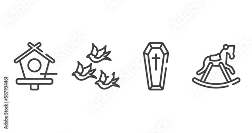 horses outline icons set. thin line icons sheet included birds house, birds group, coffin, horse rocker black vector.