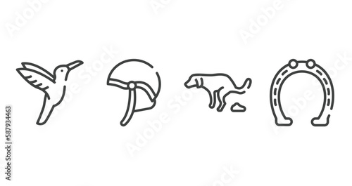 horses outline icons set. thin line icons sheet included hummingbird, jockey hat, dog shitting, horseshoe tool vector.